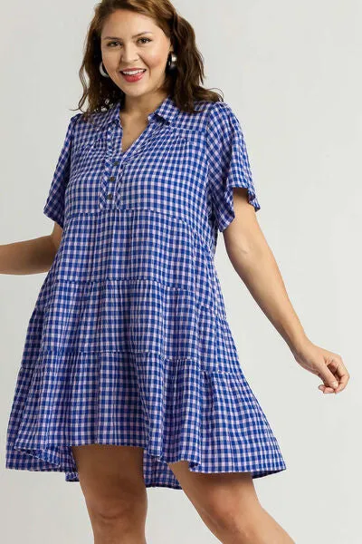 Gingham Tiered Button Detail Short Sleeve Dress Plus Size