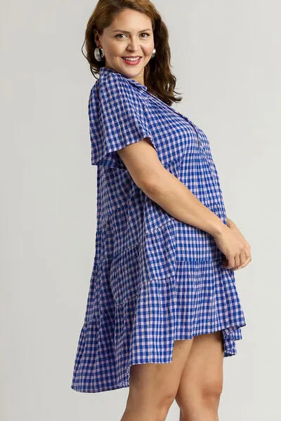 Gingham Tiered Button Detail Short Sleeve Dress Plus Size