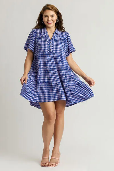 Gingham Tiered Button Detail Short Sleeve Dress Plus Size