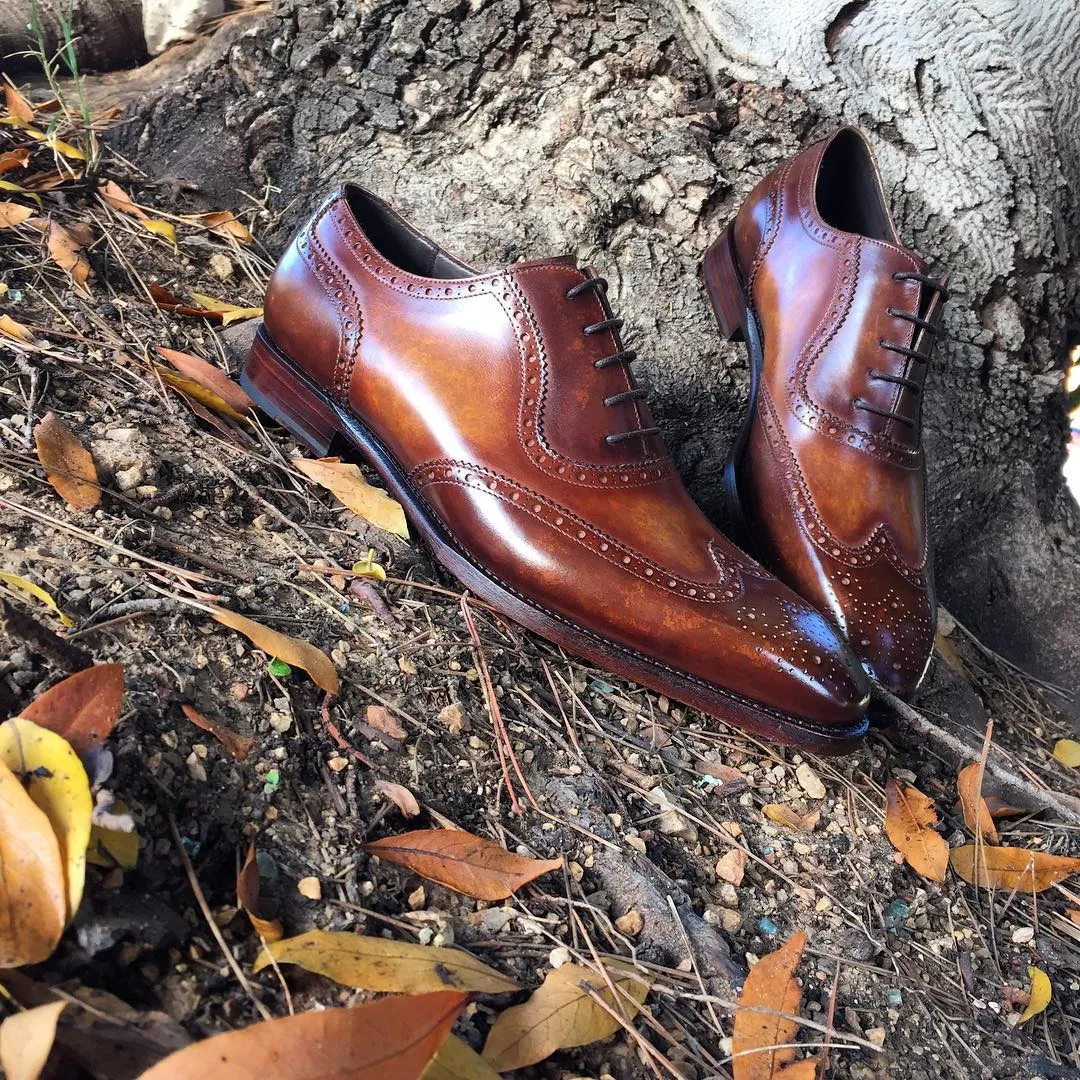 Height Increasing Brown Leather Guarda Brogue Oxfords - Formal Shoes