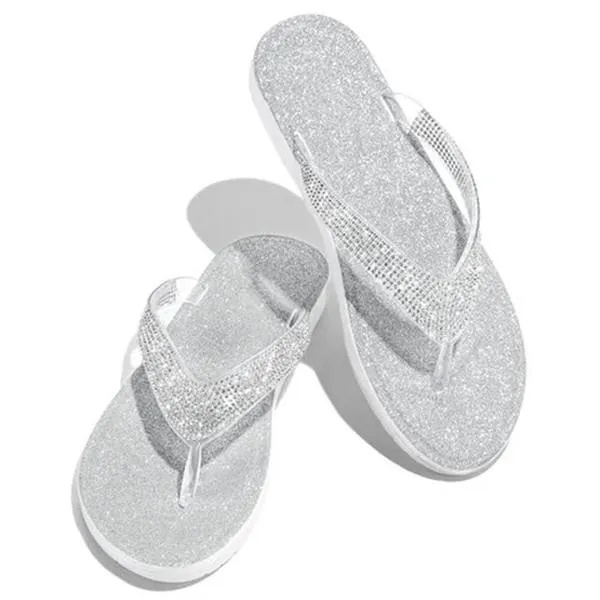 Kimemoda Womens Silver Summer Flip Flops Fashion Rhinestone Seaside Slides