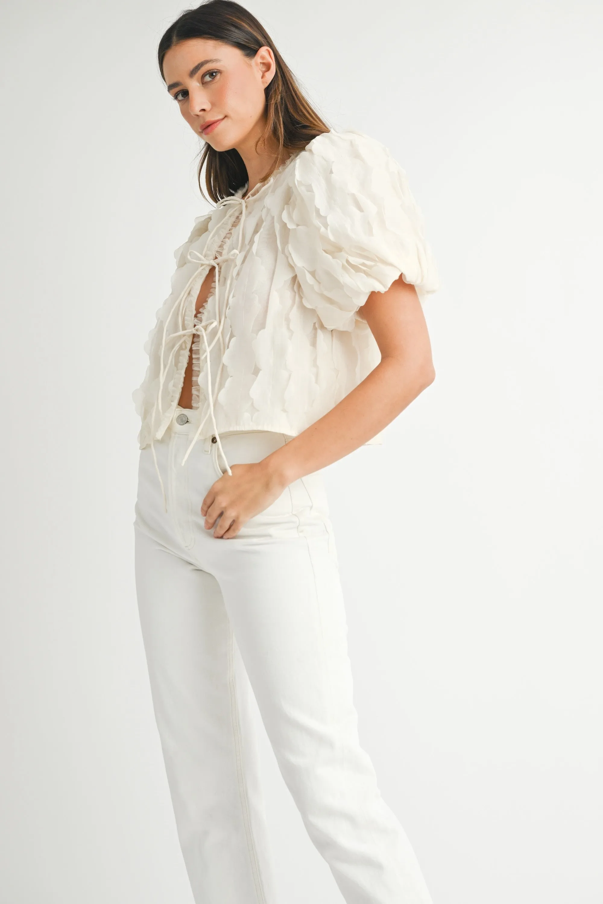 LACY TEXTURED PUFF SLEEVE BLOUSE TOP