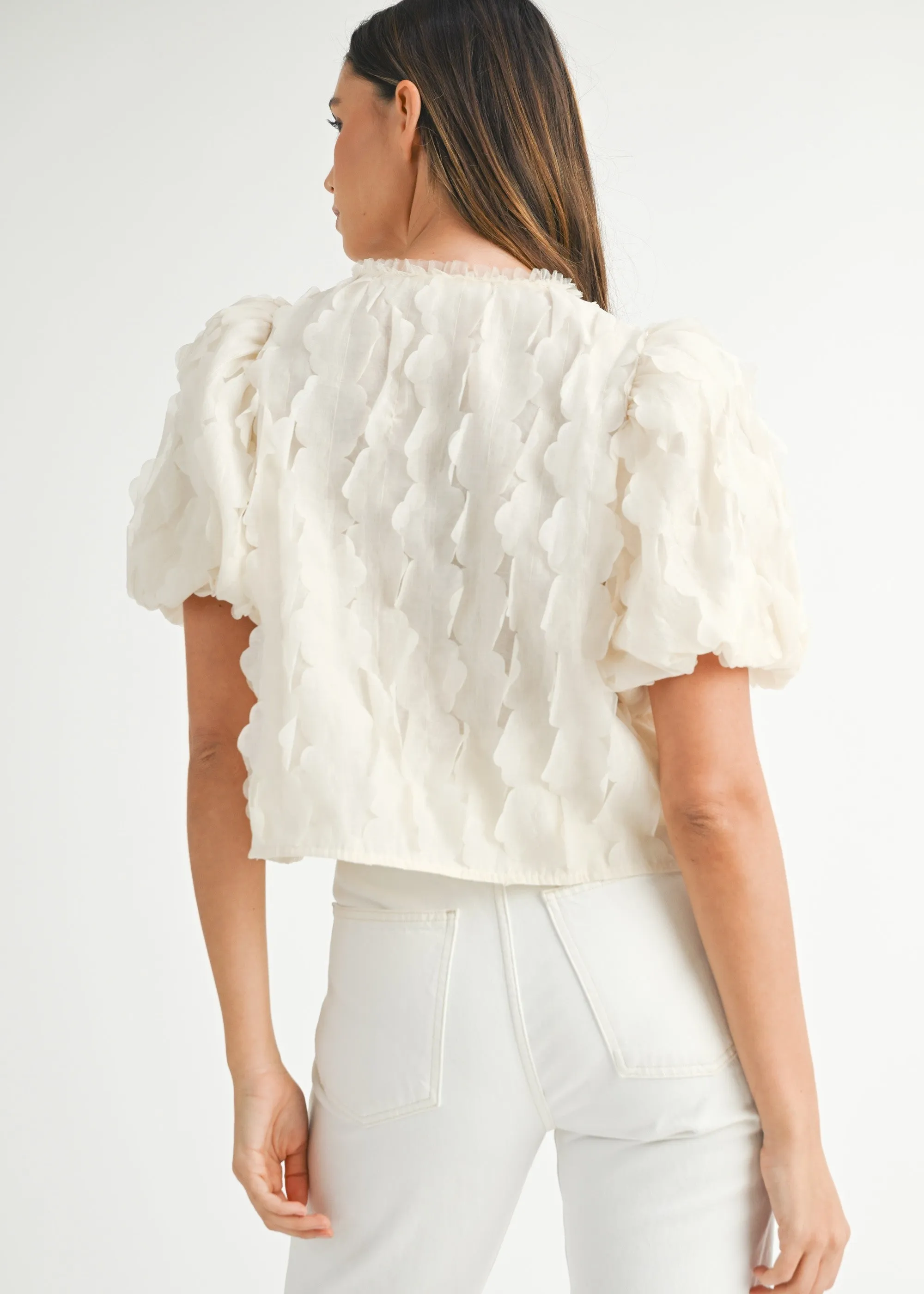 LACY TEXTURED PUFF SLEEVE BLOUSE TOP