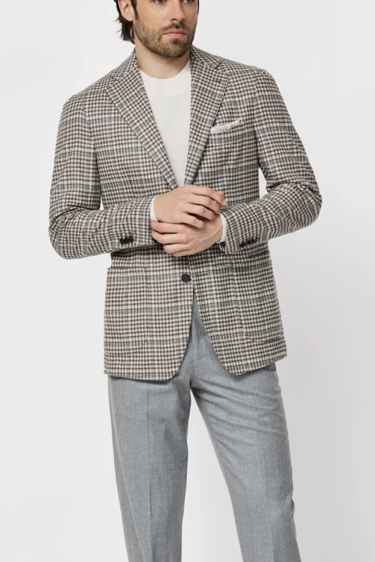 Loro Piana Wish Tan S170 Merino Wool & Cashmere Houndstooth with Light Grey Windowpane