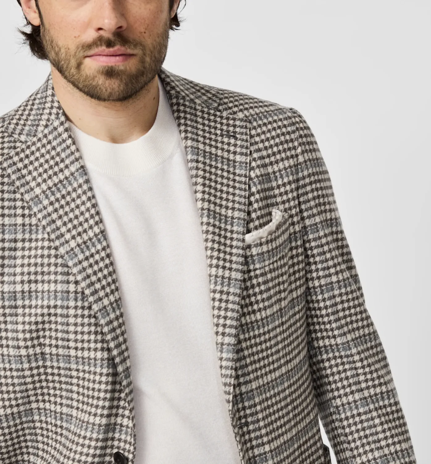 Loro Piana Wish Tan S170 Merino Wool & Cashmere Houndstooth with Light Grey Windowpane