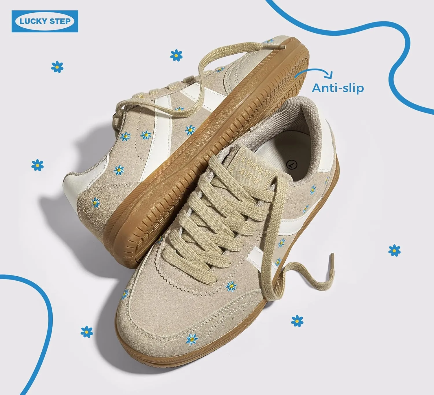 LUCKY STEP Women Classic Retro Tennis Sneakers Fashion Gum Sole Skate Casual Walking Shoe Anti Slip Floral Embroidery Comfortable Trainers