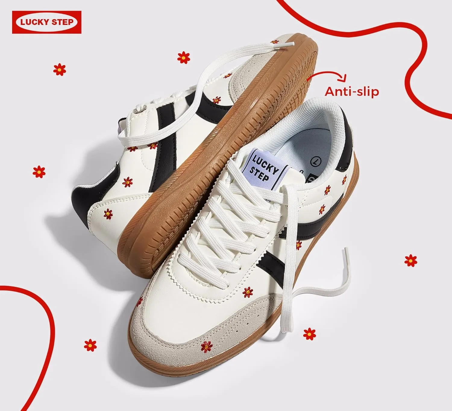 LUCKY STEP Women Classic Retro Tennis Sneakers Fashion Gum Sole Skate Casual Walking Shoe Anti Slip Floral Embroidery Comfortable Trainers