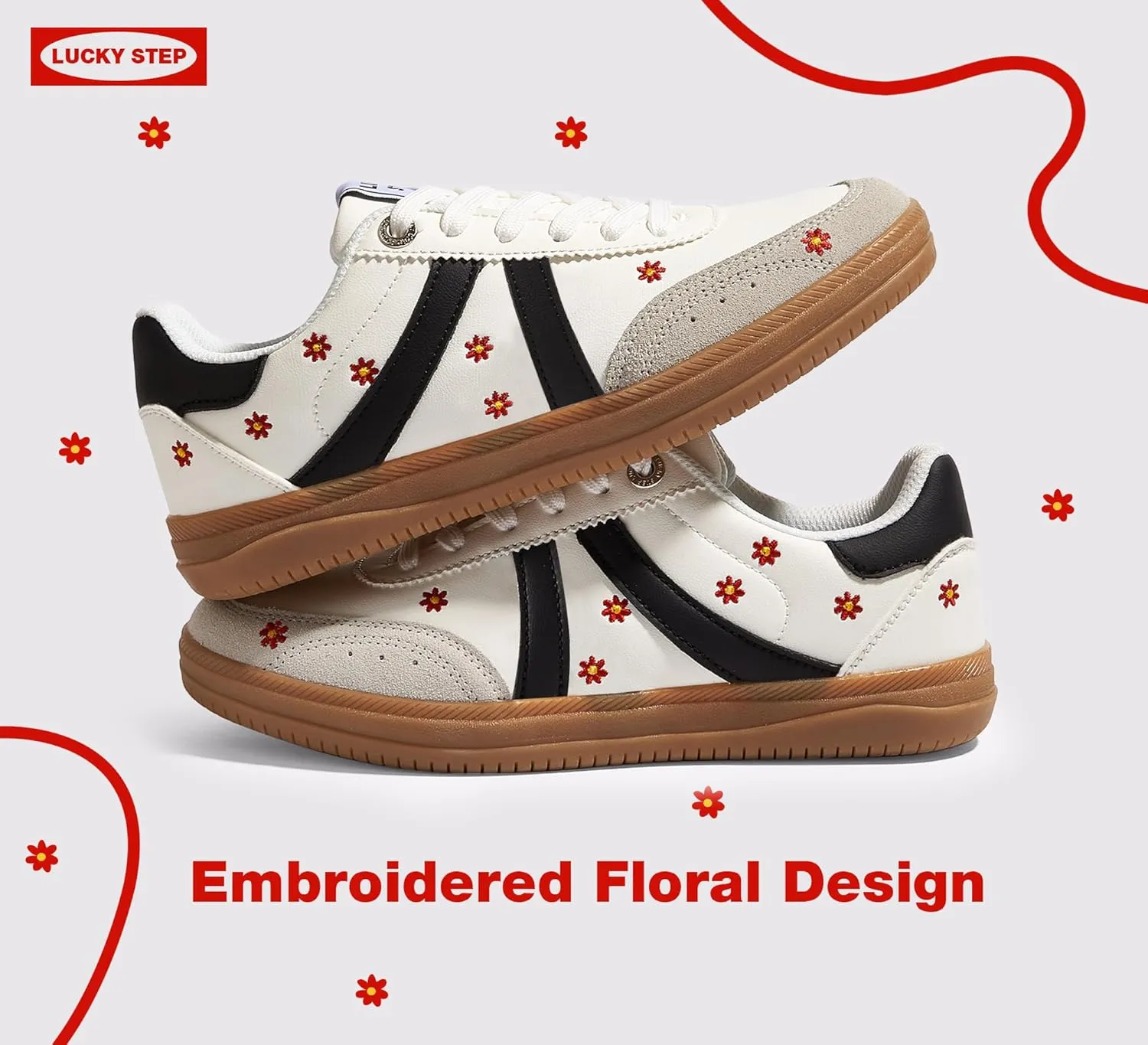 LUCKY STEP Women Classic Retro Tennis Sneakers Fashion Gum Sole Skate Casual Walking Shoe Anti Slip Floral Embroidery Comfortable Trainers