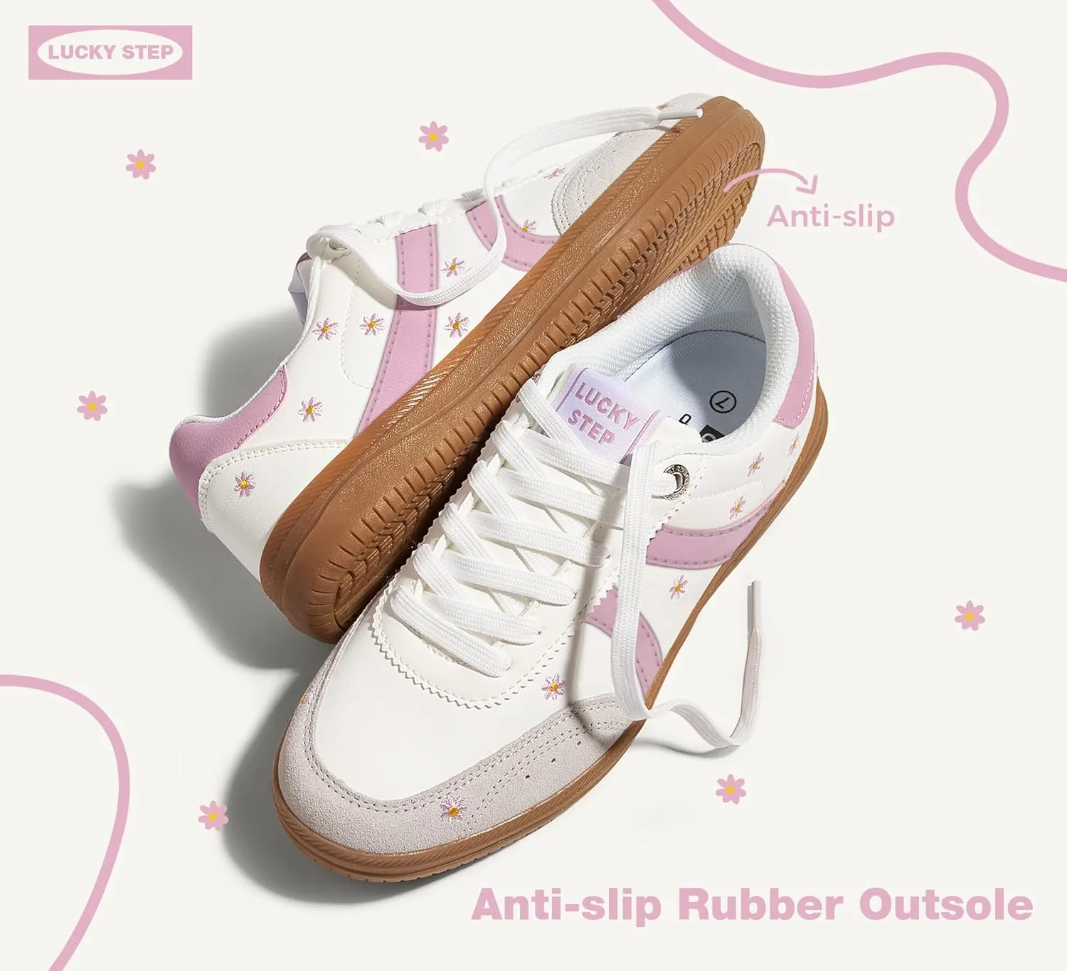 LUCKY STEP Women Classic Retro Tennis Sneakers Fashion Gum Sole Skate Casual Walking Shoe Anti Slip Floral Embroidery Comfortable Trainers