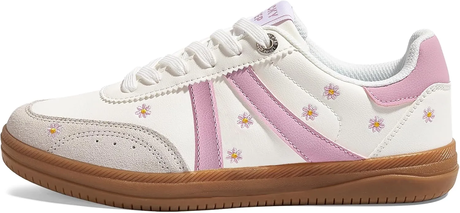 LUCKY STEP Women Classic Retro Tennis Sneakers Fashion Gum Sole Skate Casual Walking Shoe Anti Slip Floral Embroidery Comfortable Trainers