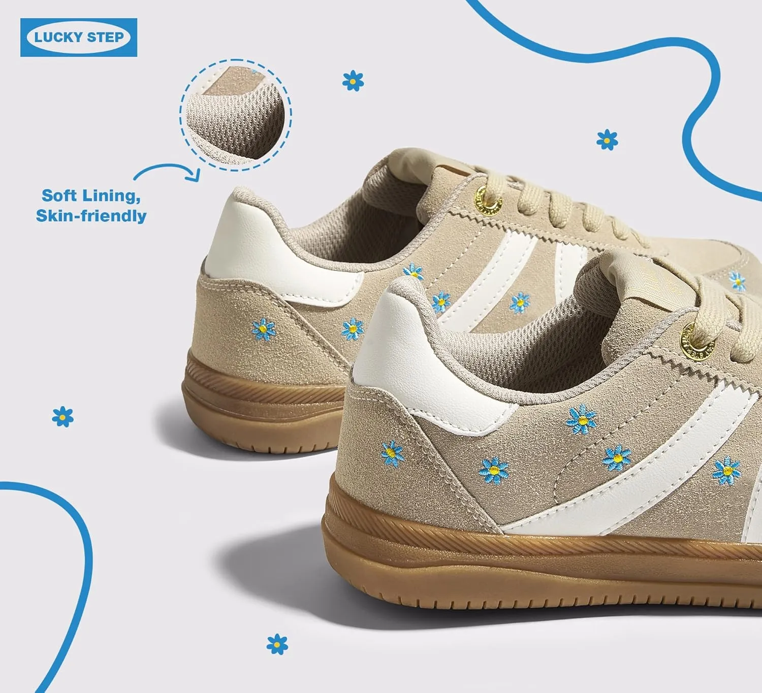 LUCKY STEP Women Classic Retro Tennis Sneakers Fashion Gum Sole Skate Casual Walking Shoe Anti Slip Floral Embroidery Comfortable Trainers