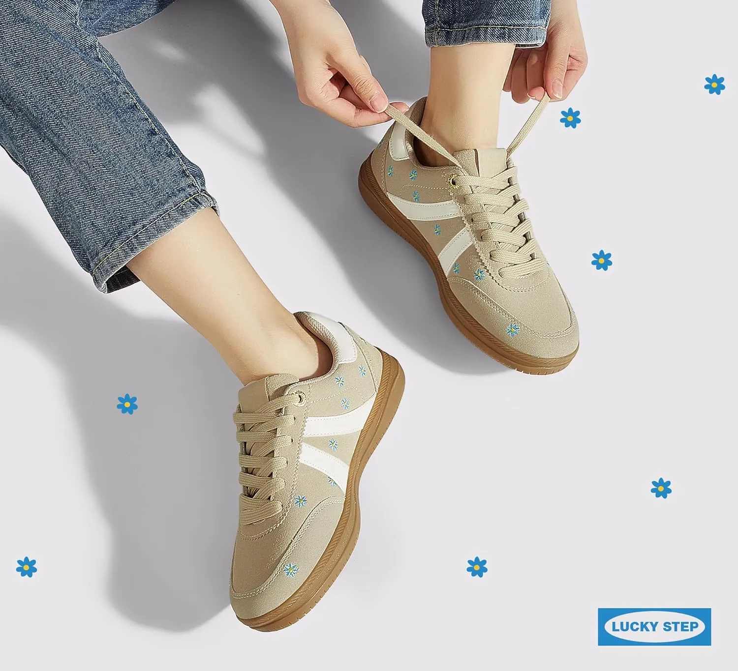 LUCKY STEP Women Classic Retro Tennis Sneakers Fashion Gum Sole Skate Casual Walking Shoe Anti Slip Floral Embroidery Comfortable Trainers