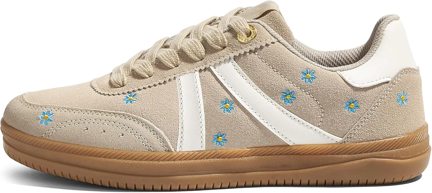 LUCKY STEP Women Classic Retro Tennis Sneakers Fashion Gum Sole Skate Casual Walking Shoe Anti Slip Floral Embroidery Comfortable Trainers