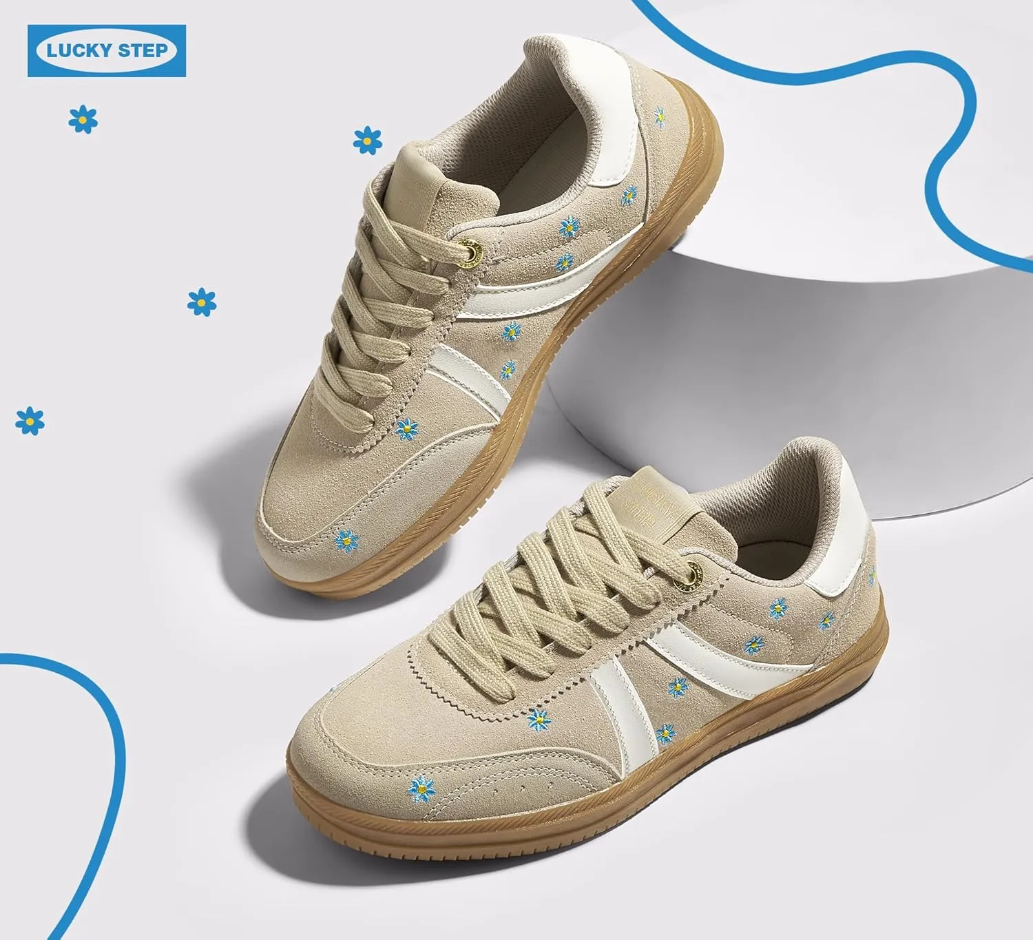 LUCKY STEP Women Classic Retro Tennis Sneakers Fashion Gum Sole Skate Casual Walking Shoe Anti Slip Floral Embroidery Comfortable Trainers