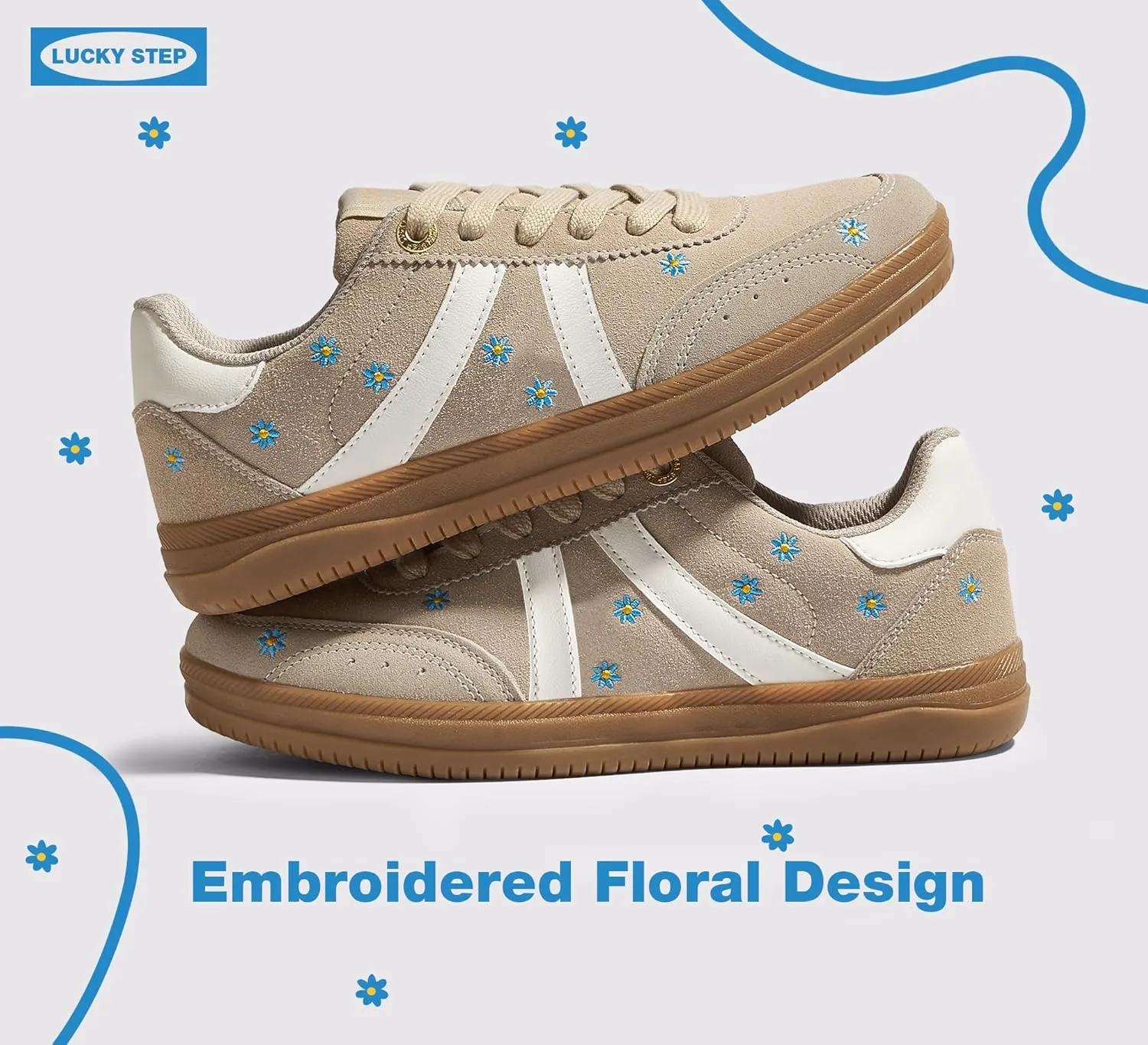 LUCKY STEP Women Classic Retro Tennis Sneakers Fashion Gum Sole Skate Casual Walking Shoe Anti Slip Floral Embroidery Comfortable Trainers