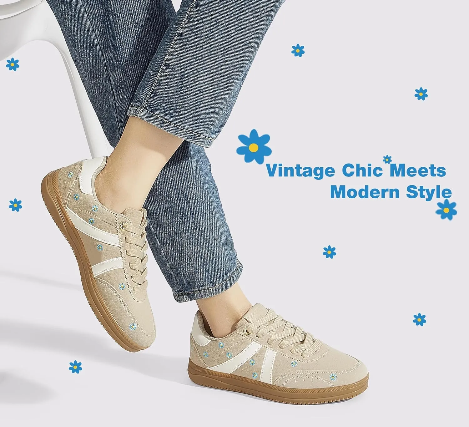 LUCKY STEP Women Classic Retro Tennis Sneakers Fashion Gum Sole Skate Casual Walking Shoe Anti Slip Floral Embroidery Comfortable Trainers