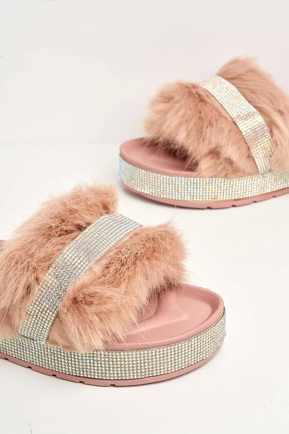 Lula Diamante Embellished Furry Band Rubber Sliders in Pink