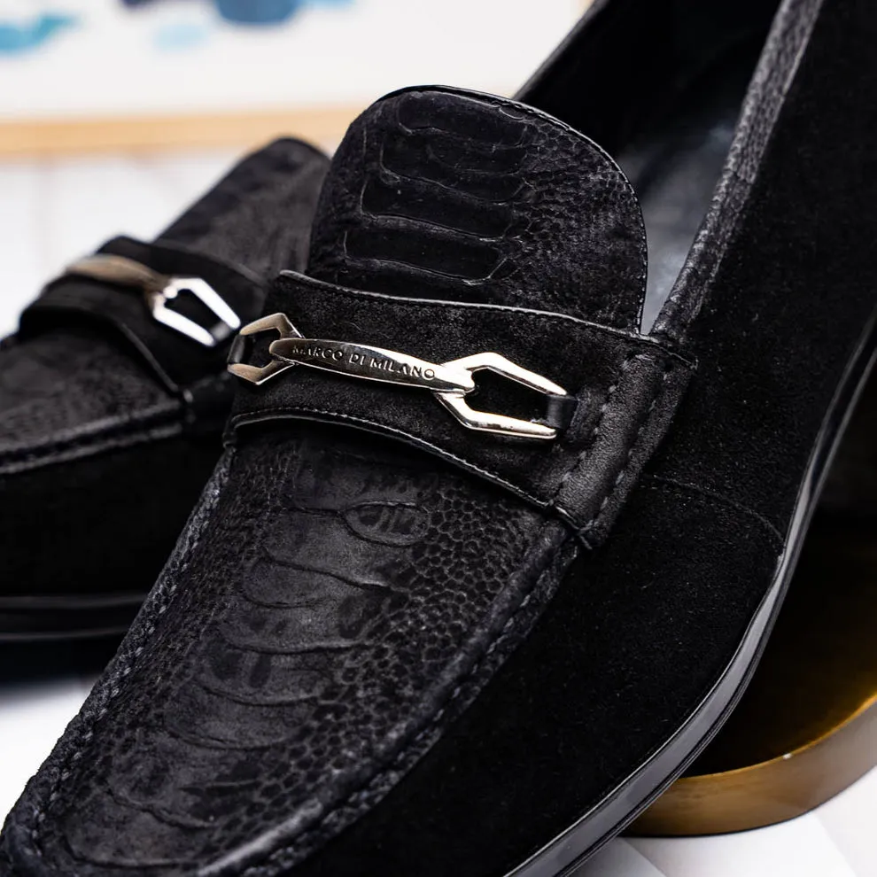 Marco Di Milano Hugo Men's Shoes Black Suede / Ostrich Leg Horsebit Loafers (MDM1066)