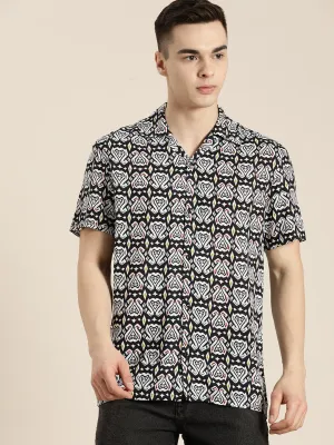 Men Black Printed Viscose Rayon Regular Fit Casual Shirt