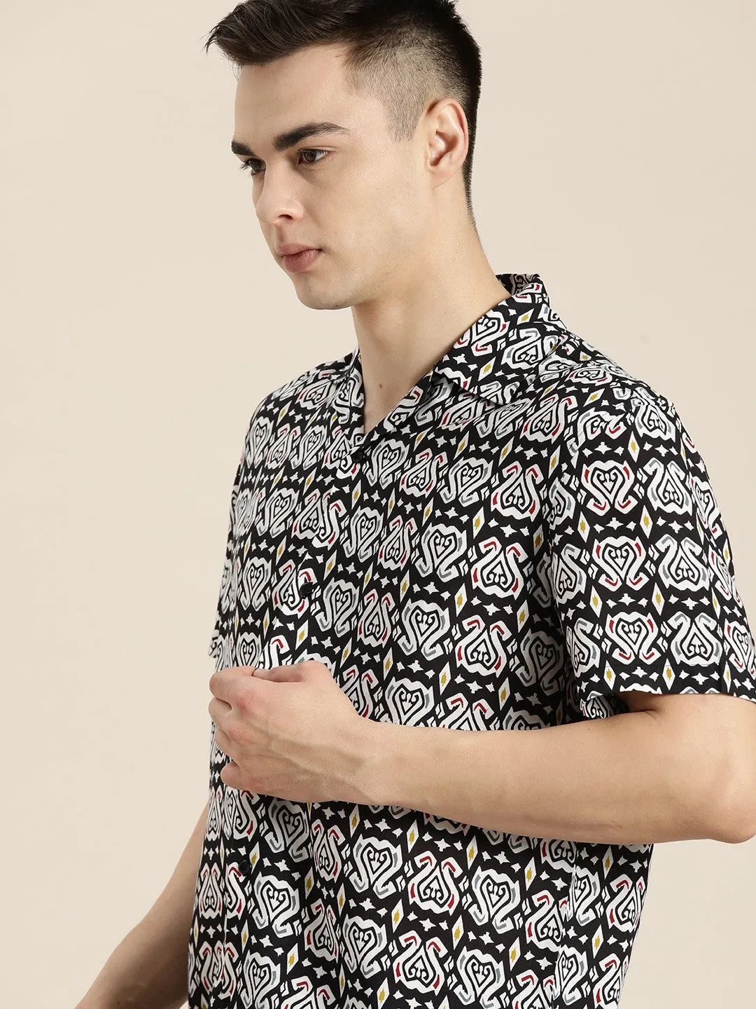 Men Black Printed Viscose Rayon Regular Fit Casual Shirt