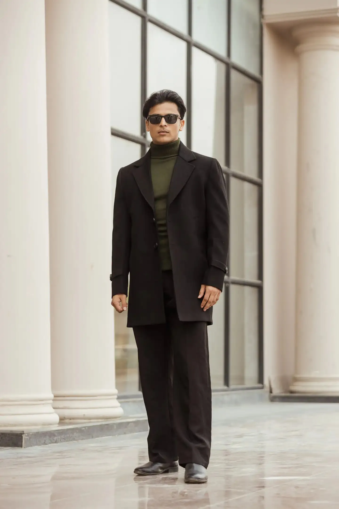 Men Long Coat Solid Weave