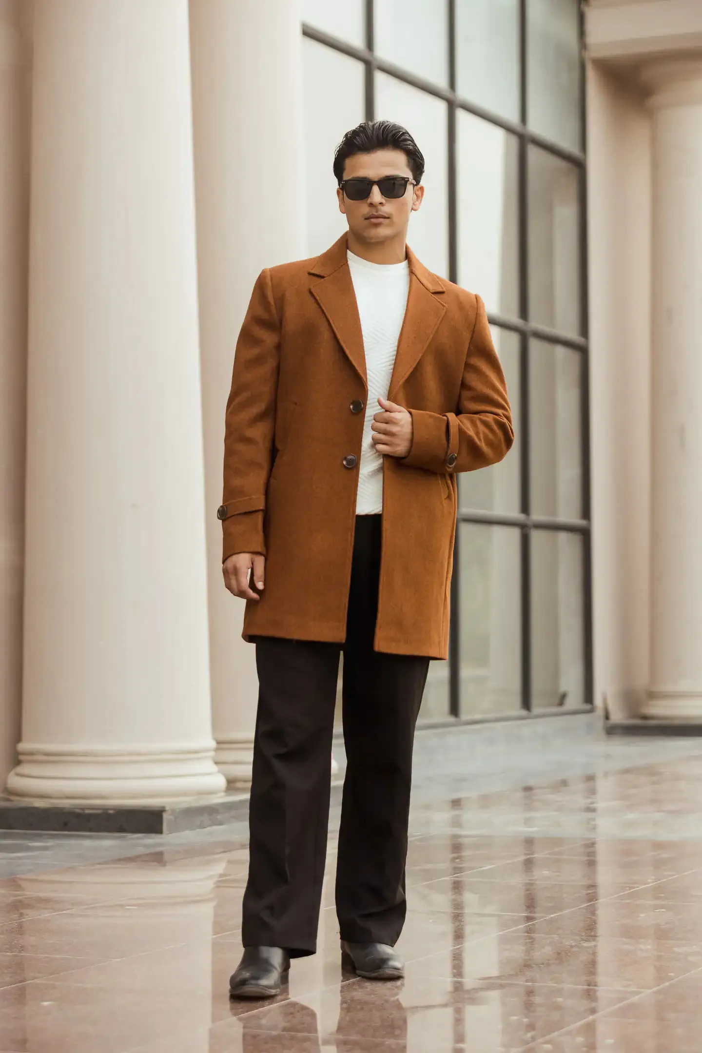 Men Long Coat Solid Weave