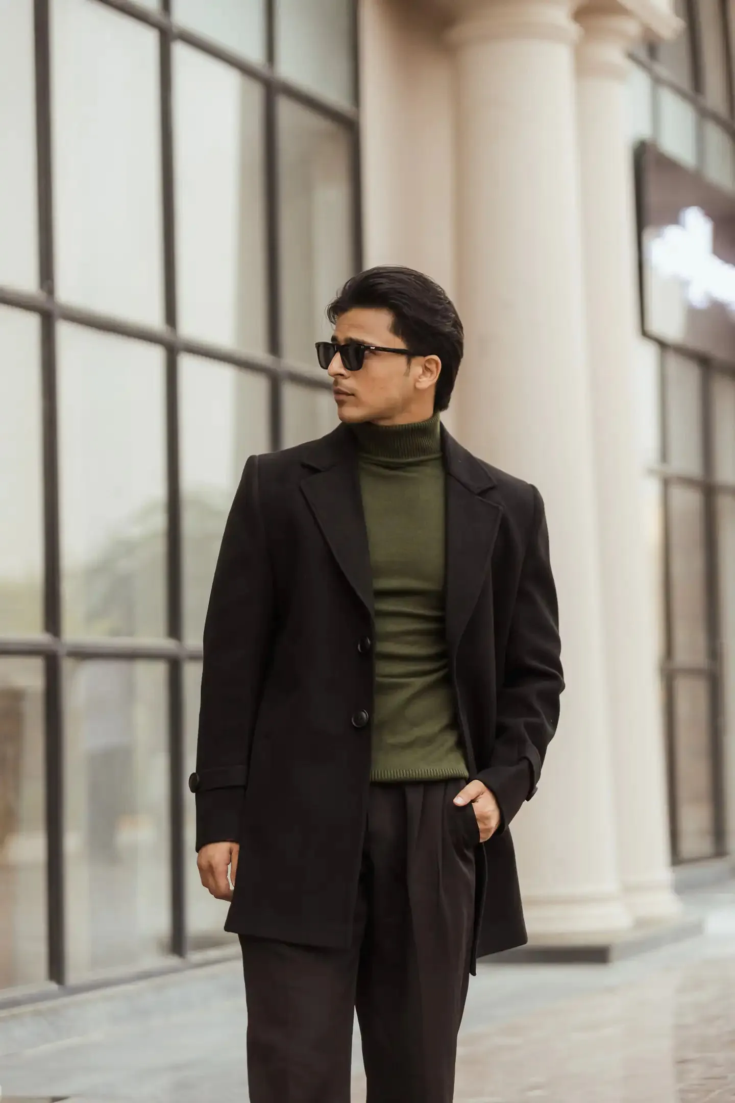 Men Long Coat Solid Weave