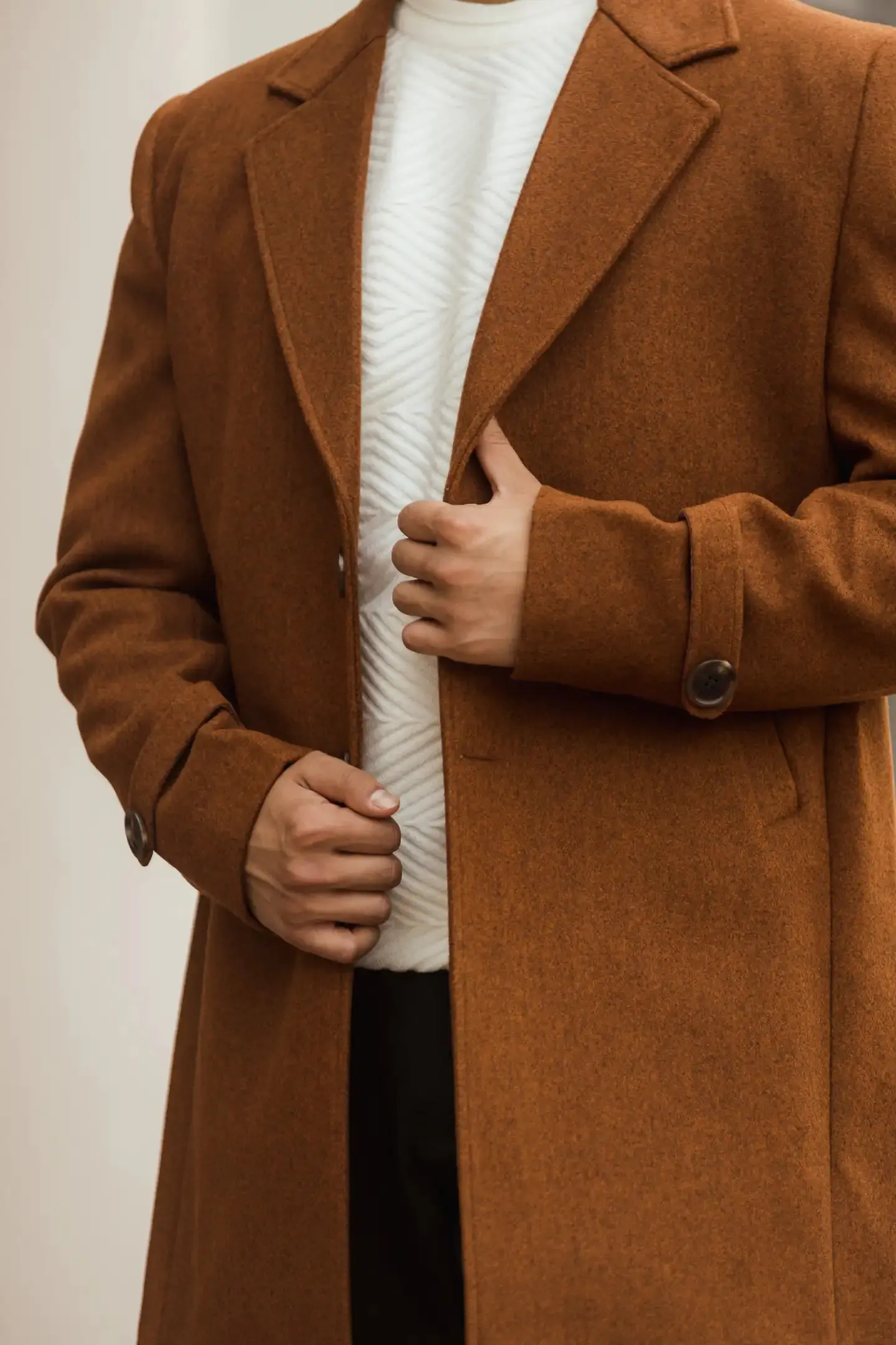 Men Long Coat Solid Weave