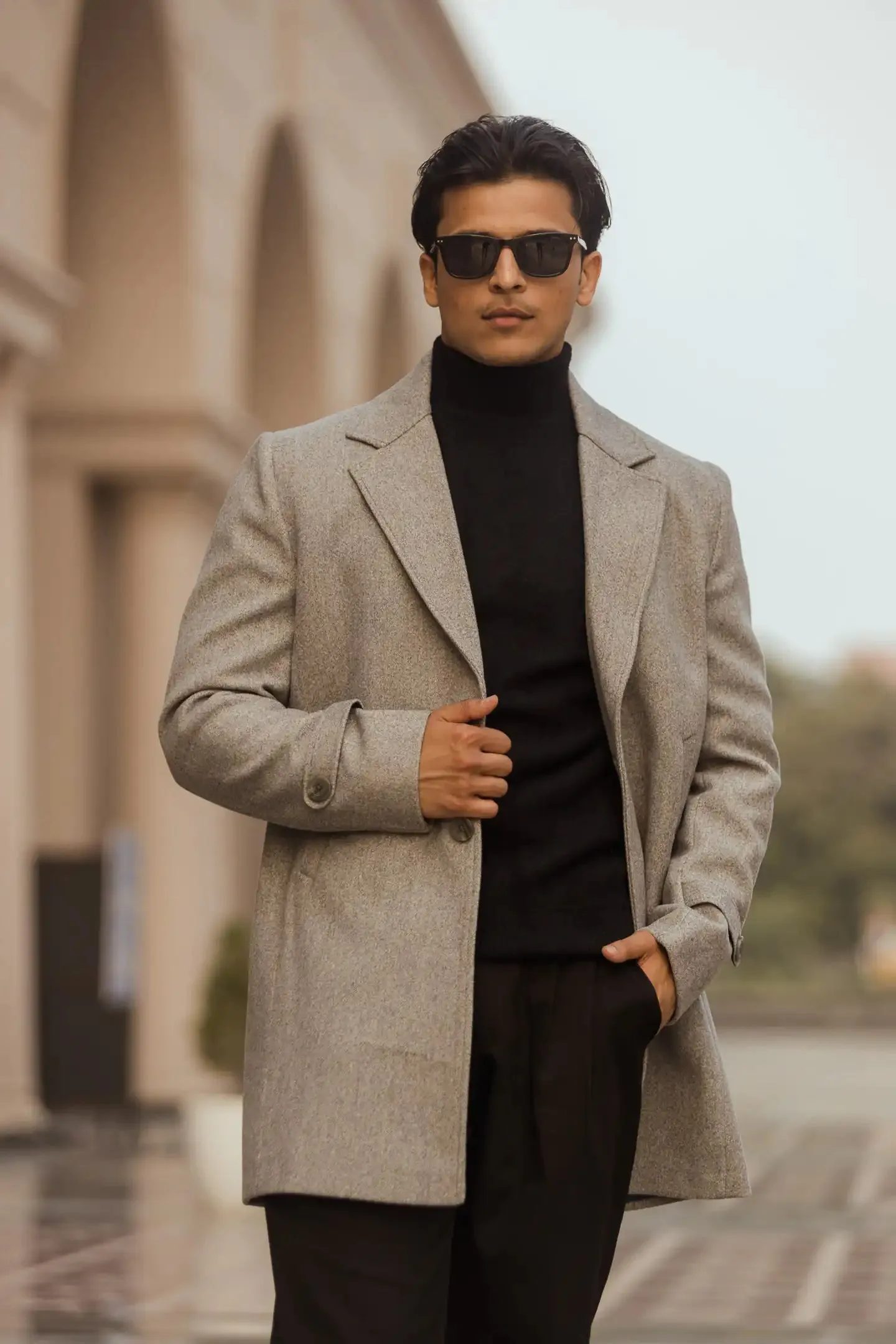 Men Long Coat Solid Weave