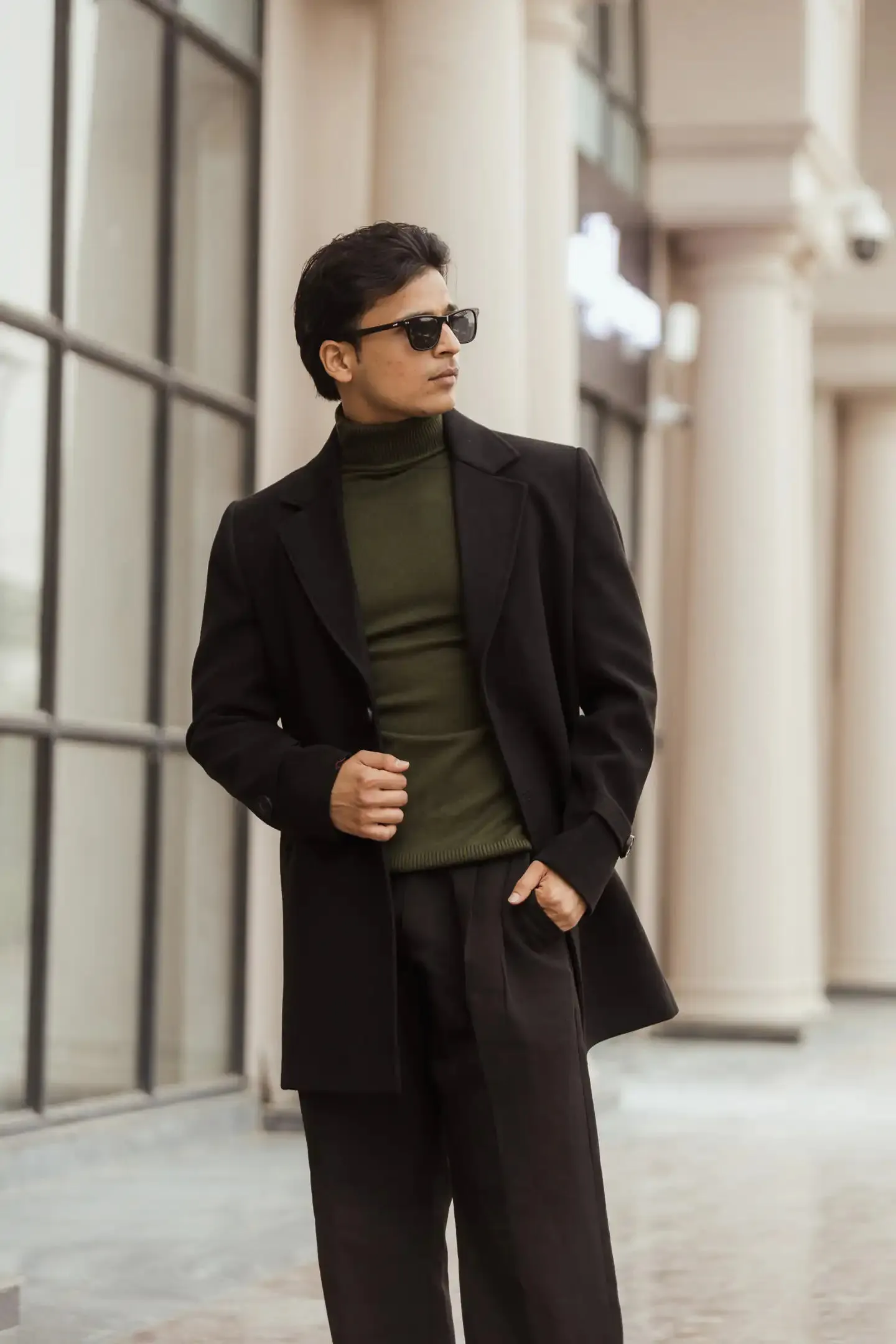 Men Long Coat Solid Weave