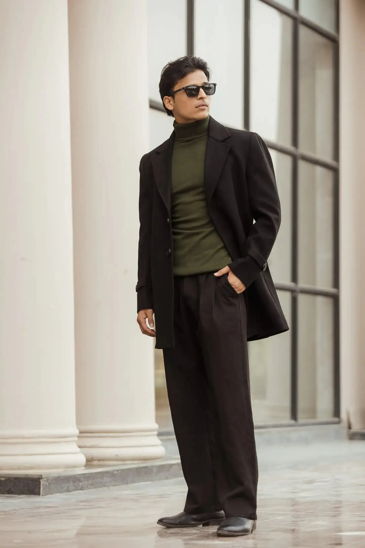 Men Long Coat Solid Weave