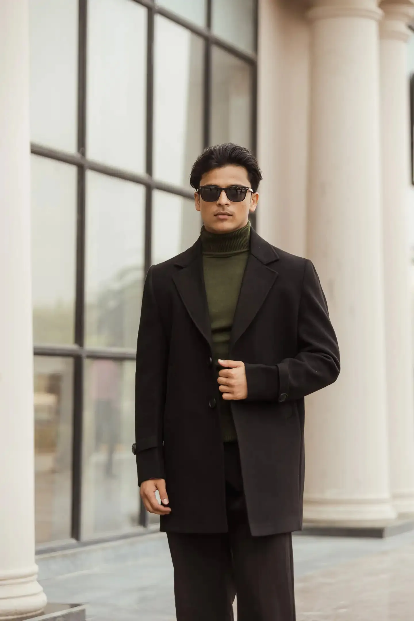 Men Long Coat Solid Weave