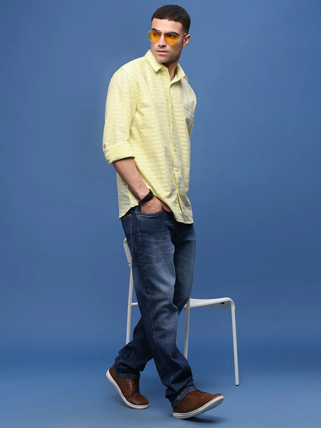 Men Yellow Slim Fit Striped Shirt