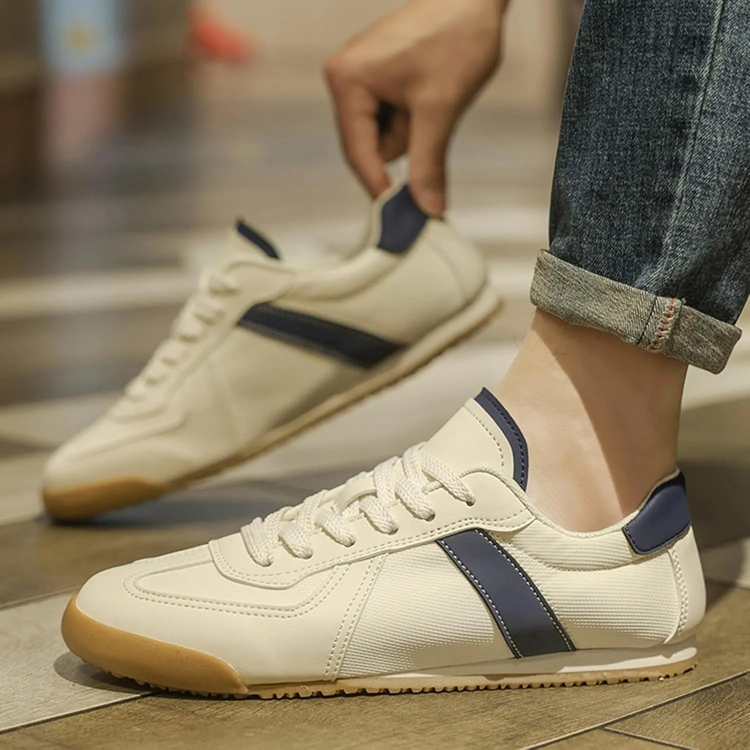 Mens Fashion Breathable Suede Leather Lace Up Flats Sneakers Low Top Vintage Non Slip Round Toe Walking Daily Tennis Skate Shoes
