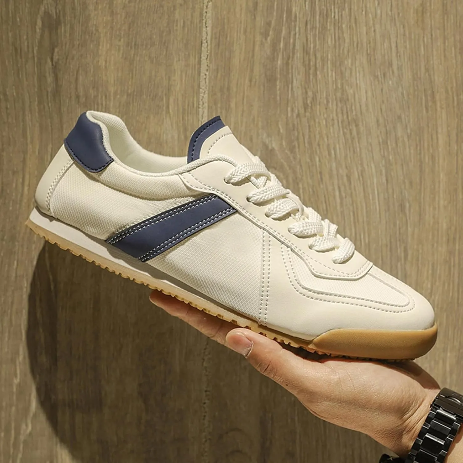 Mens Fashion Breathable Suede Leather Lace Up Flats Sneakers Low Top Vintage Non Slip Round Toe Walking Daily Tennis Skate Shoes