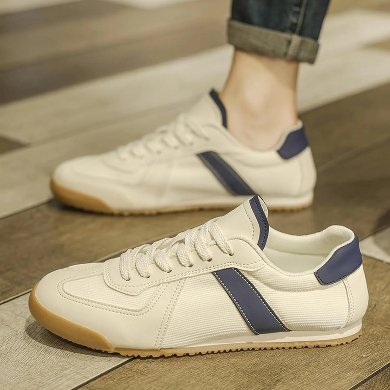 Mens Fashion Breathable Suede Leather Lace Up Flats Sneakers Low Top Vintage Non Slip Round Toe Walking Daily Tennis Skate Shoes