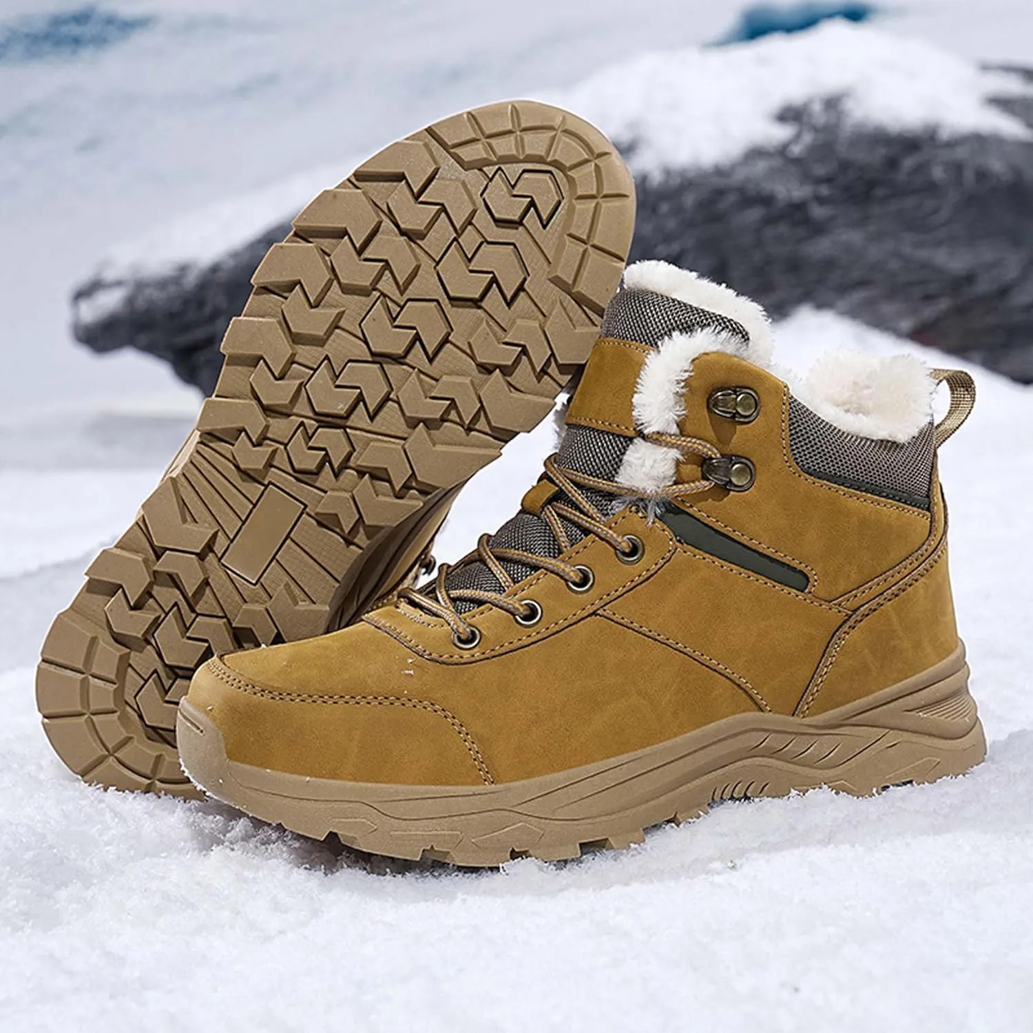 Men's Snow Boots Winter Warm Hiking Ankle Boots Outdoor Non-Slip Hiking Boots Fur Lined Warm Casual Winter Work Boots-Men's Large Size-6-14 US Size