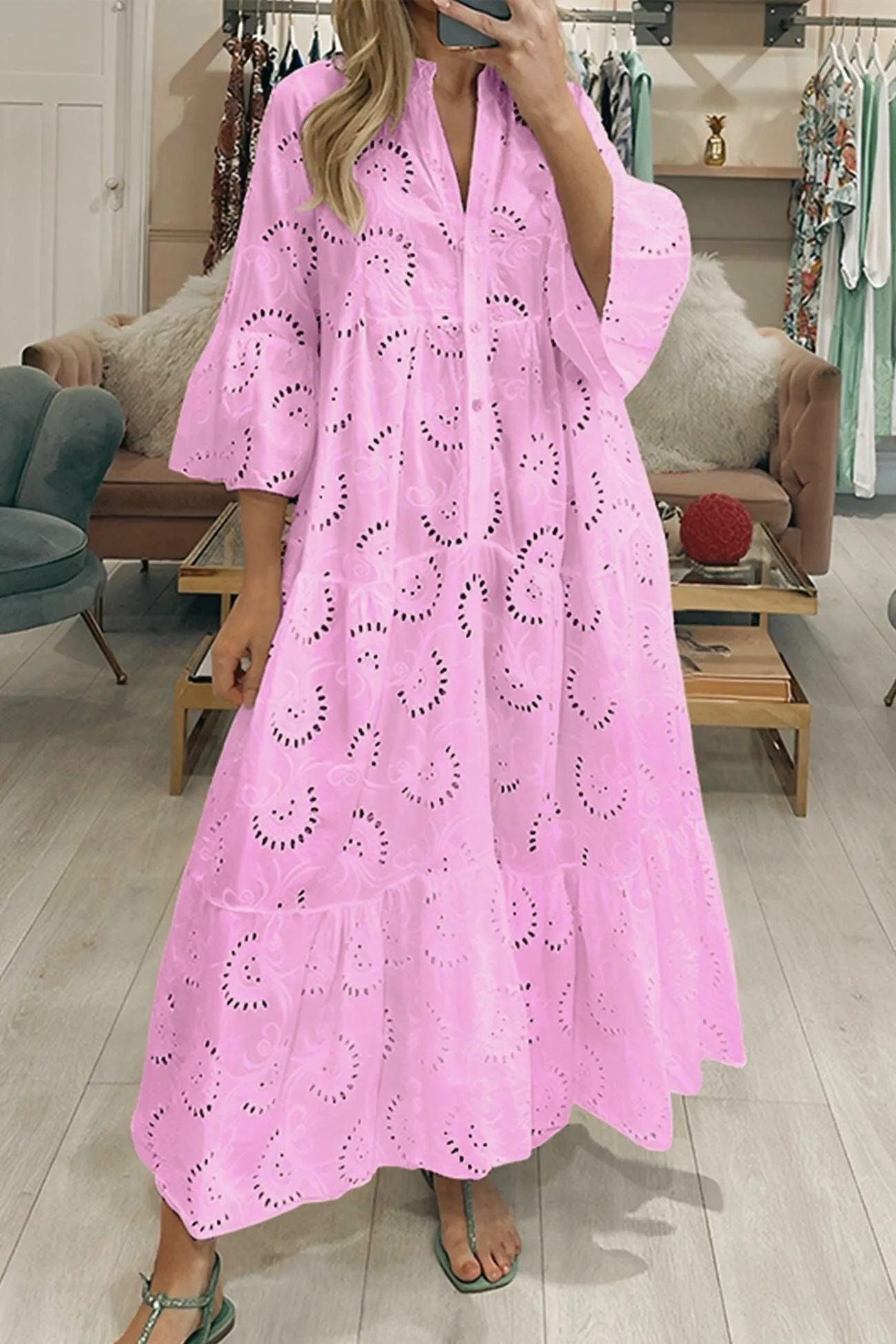 Noa™ - Cotton Dress with Embroidered Sleeves and V-Neckline