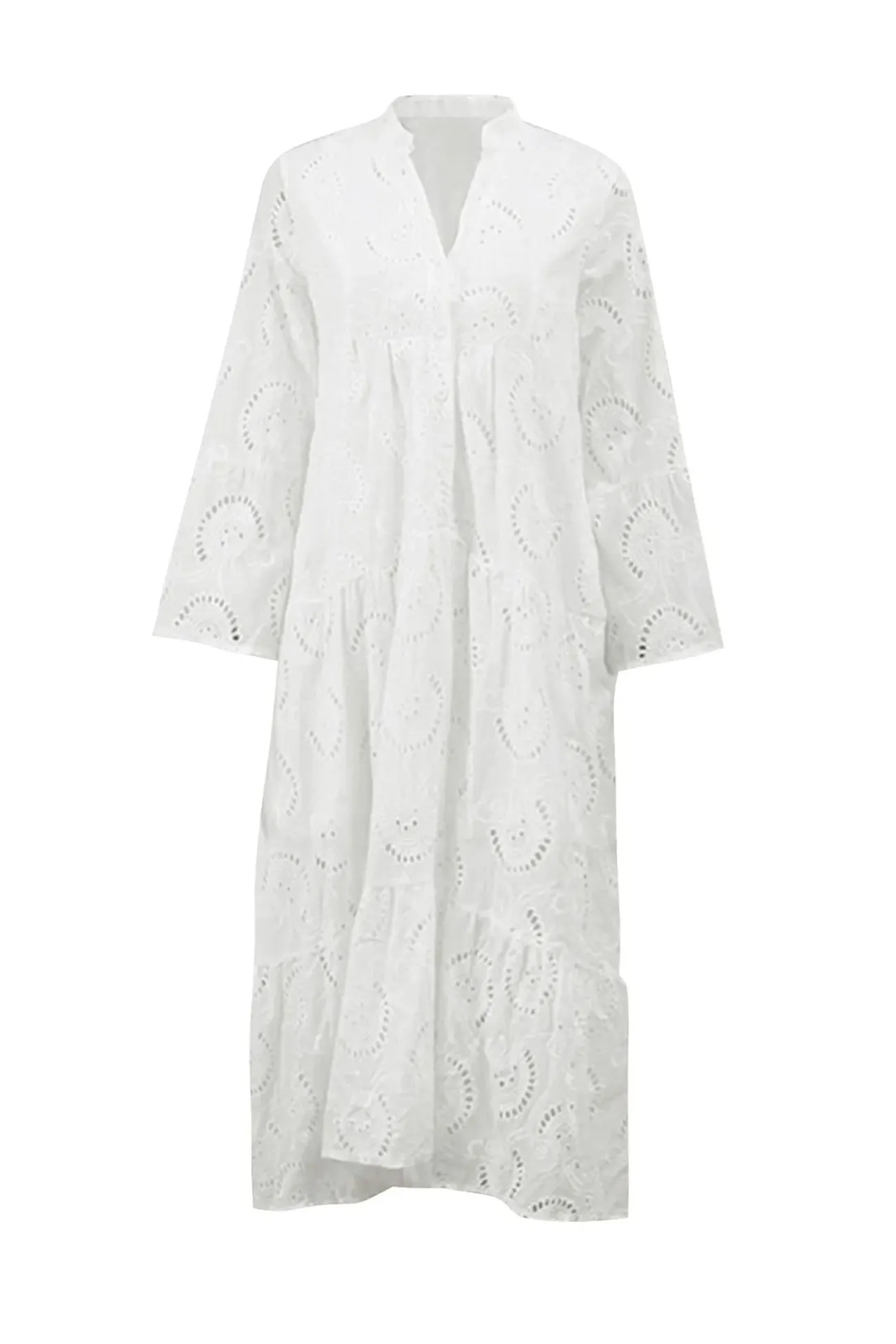 Noa™ - Cotton Dress with Embroidered Sleeves and V-Neckline