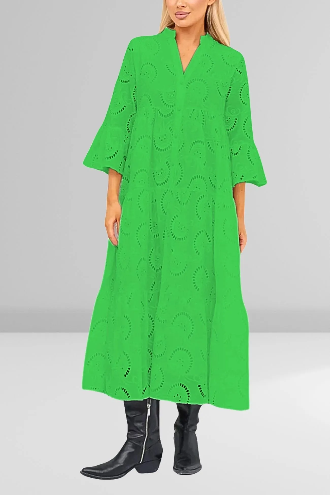 Noa™ - Cotton Dress with Embroidered Sleeves and V-Neckline