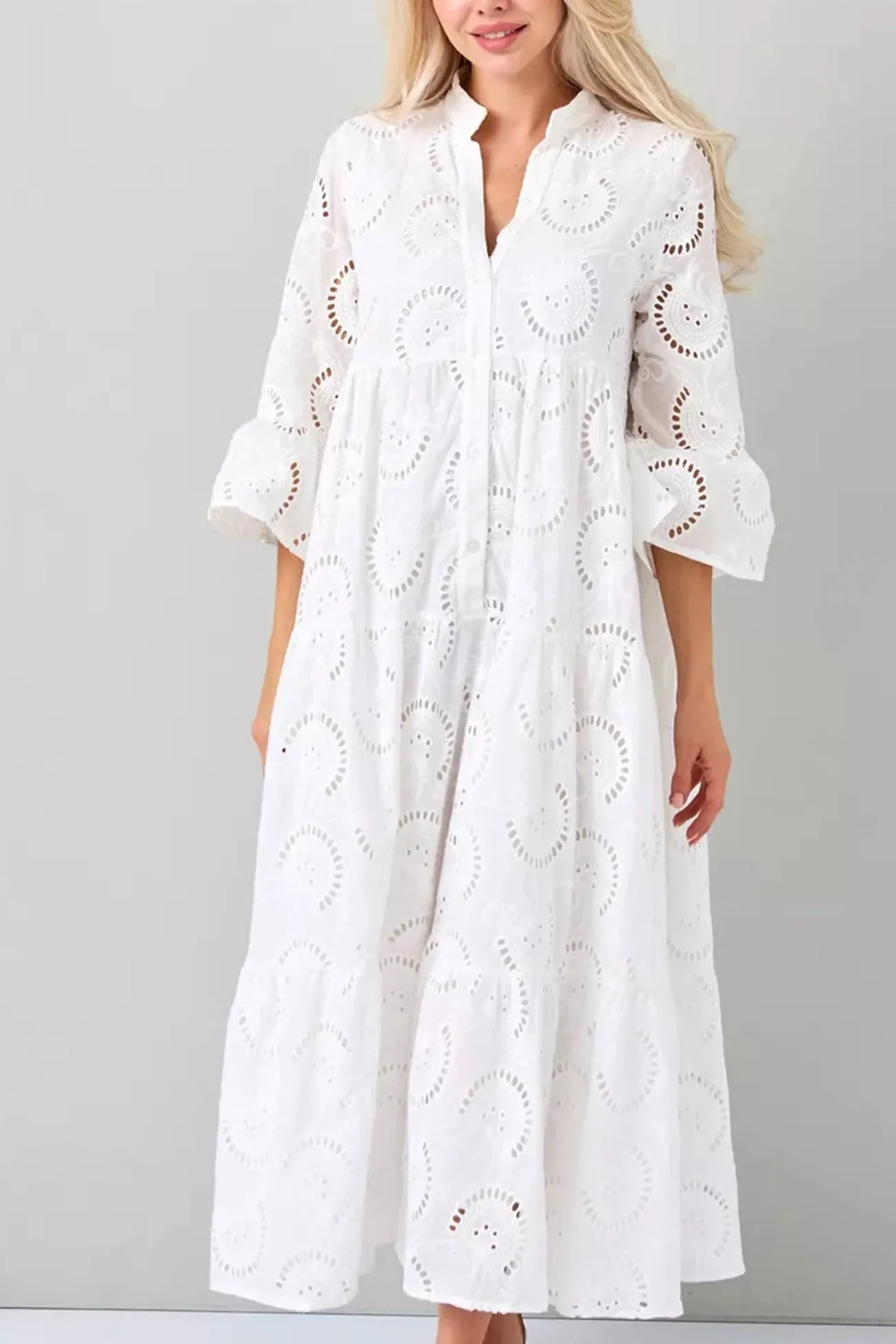 Noa™ - Cotton Dress with Embroidered Sleeves and V-Neckline