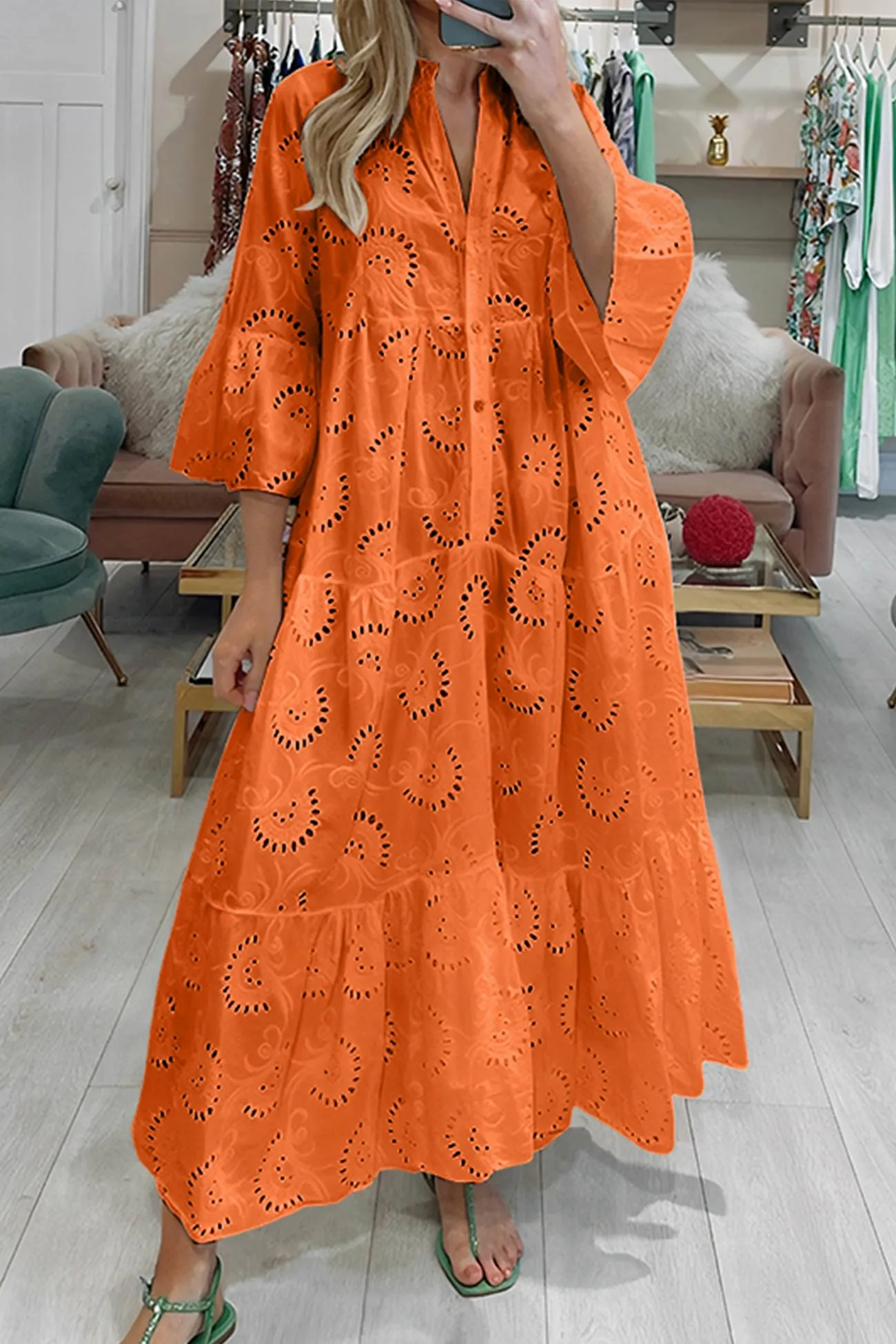 Noa™ - Cotton Dress with Embroidered Sleeves and V-Neckline