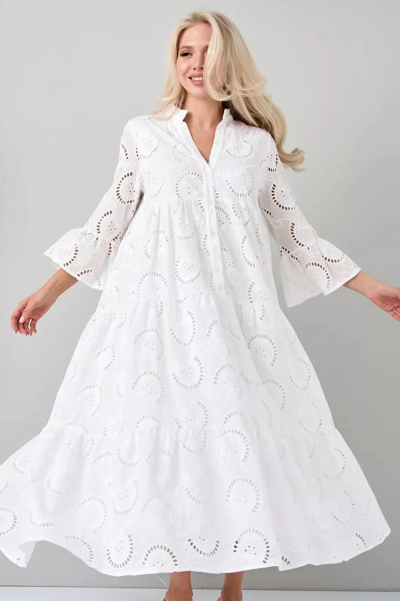 Noa™ - Cotton Dress with Embroidered Sleeves and V-Neckline