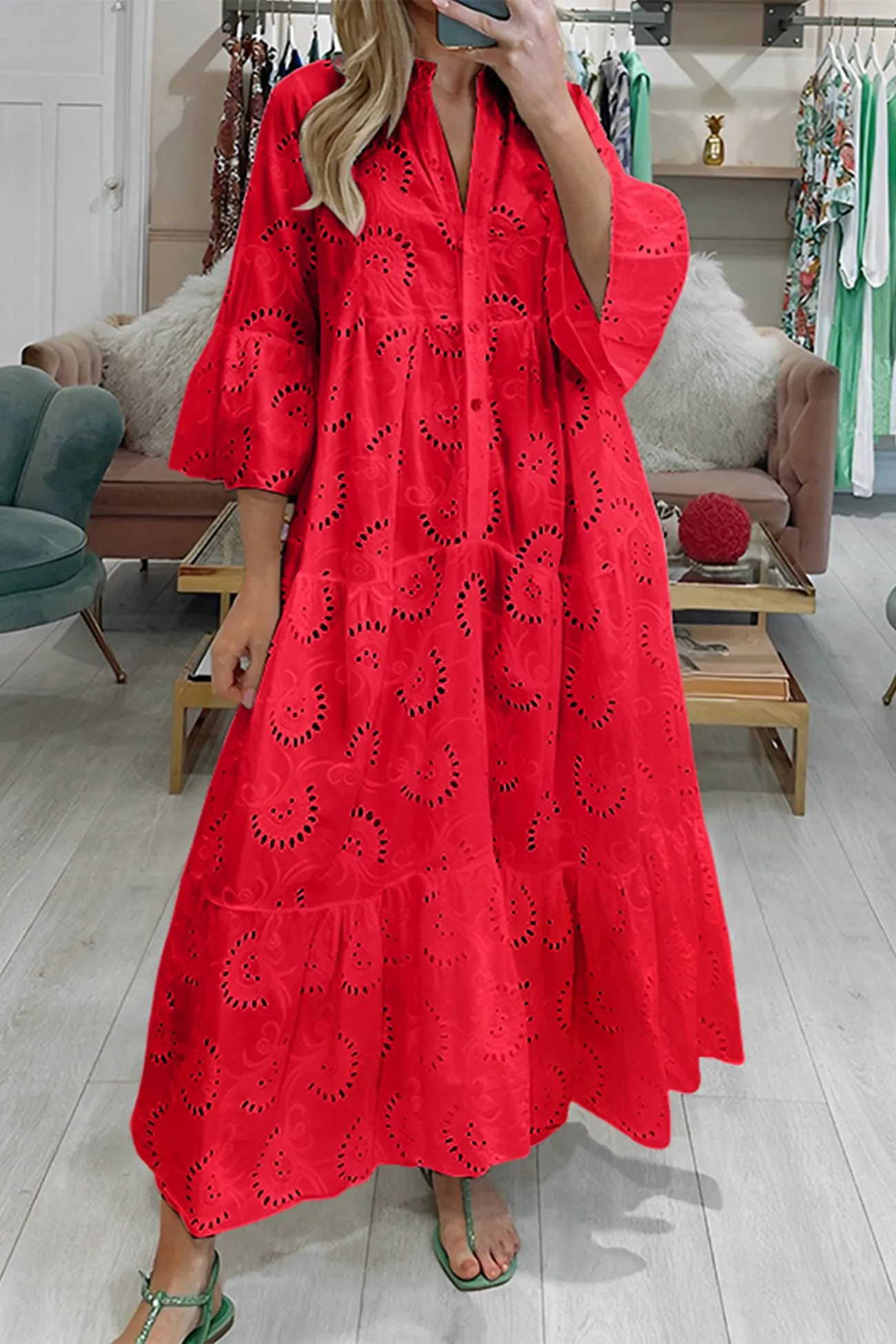 Noa™ - Cotton Dress with Embroidered Sleeves and V-Neckline