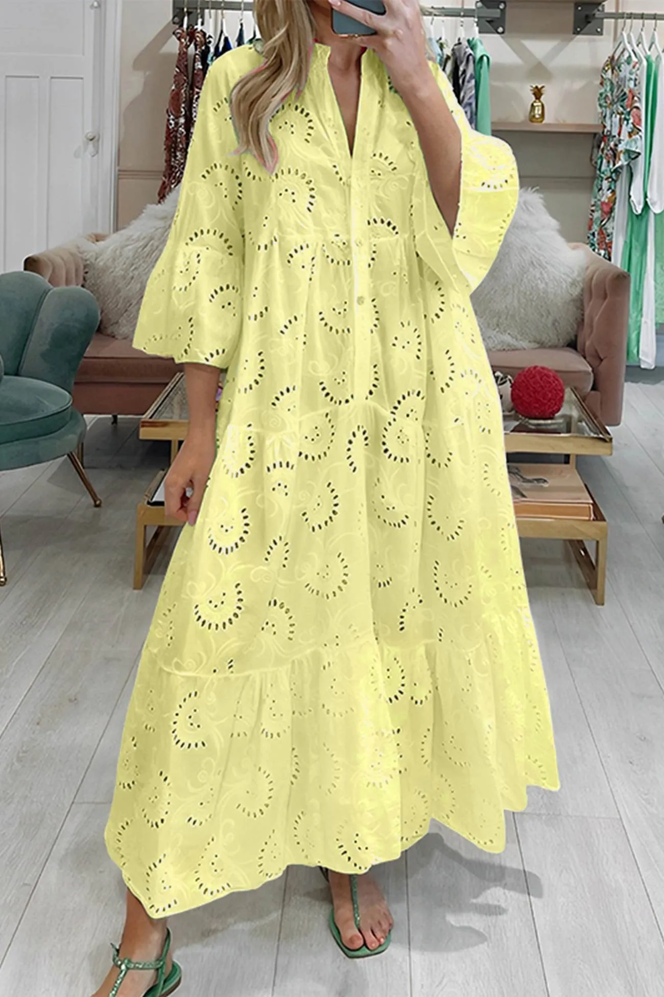 Noa™ - Cotton Dress with Embroidered Sleeves and V-Neckline