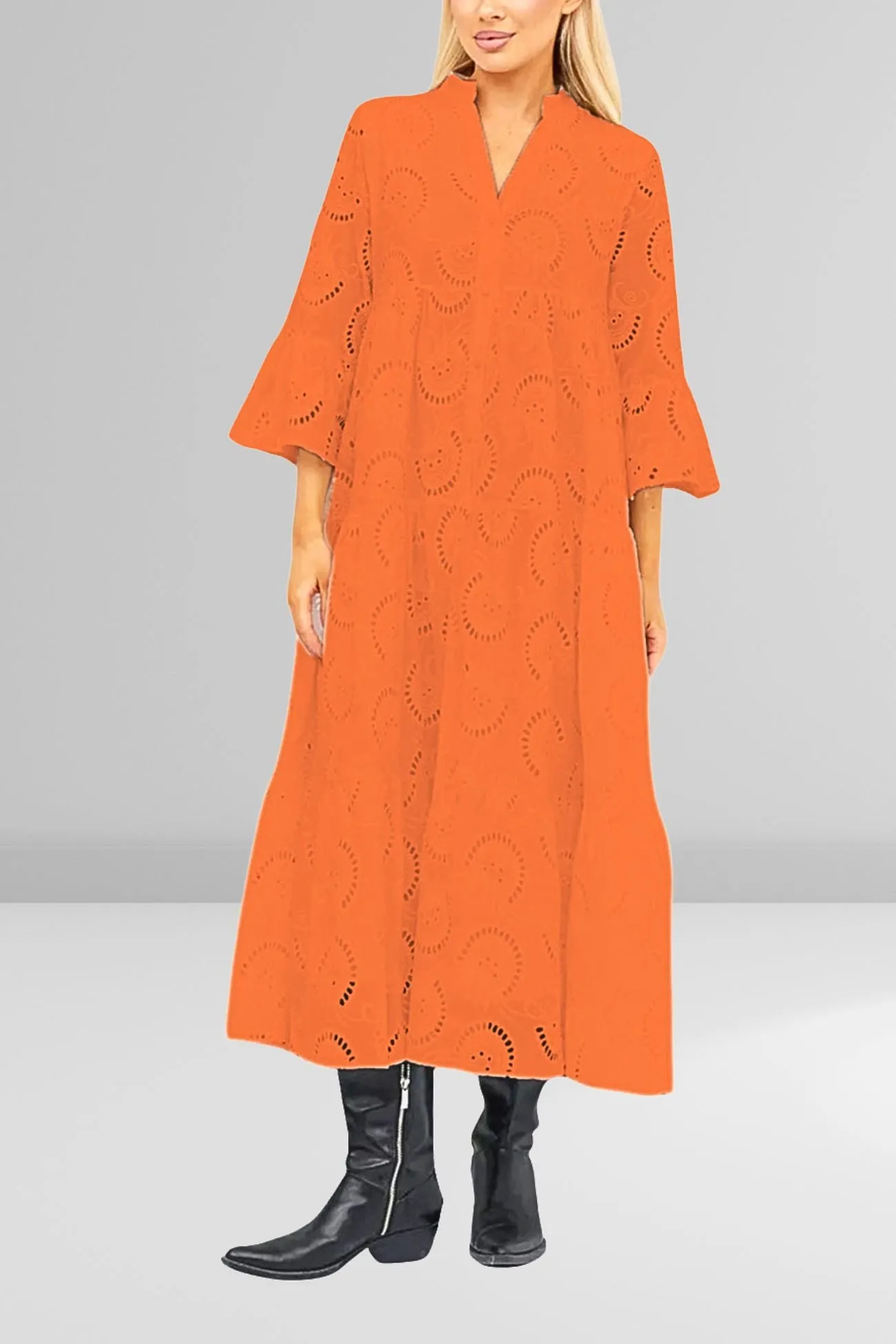 Noa™ - Cotton Dress with Embroidered Sleeves and V-Neckline