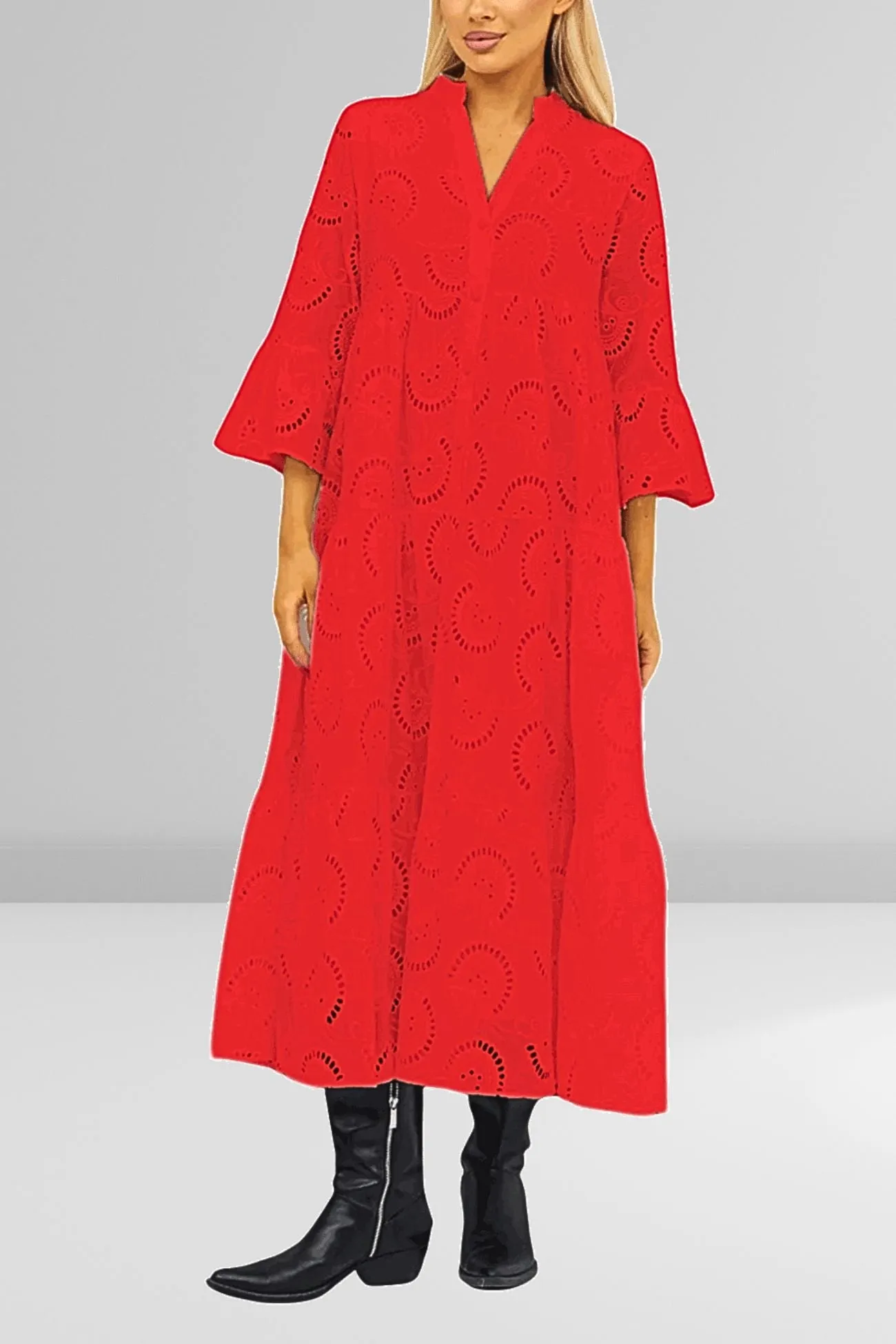 Noa™ - Cotton Dress with Embroidered Sleeves and V-Neckline