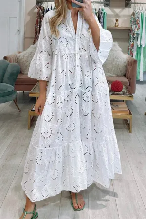 Noa™ - Cotton Dress with Embroidered Sleeves and V-Neckline