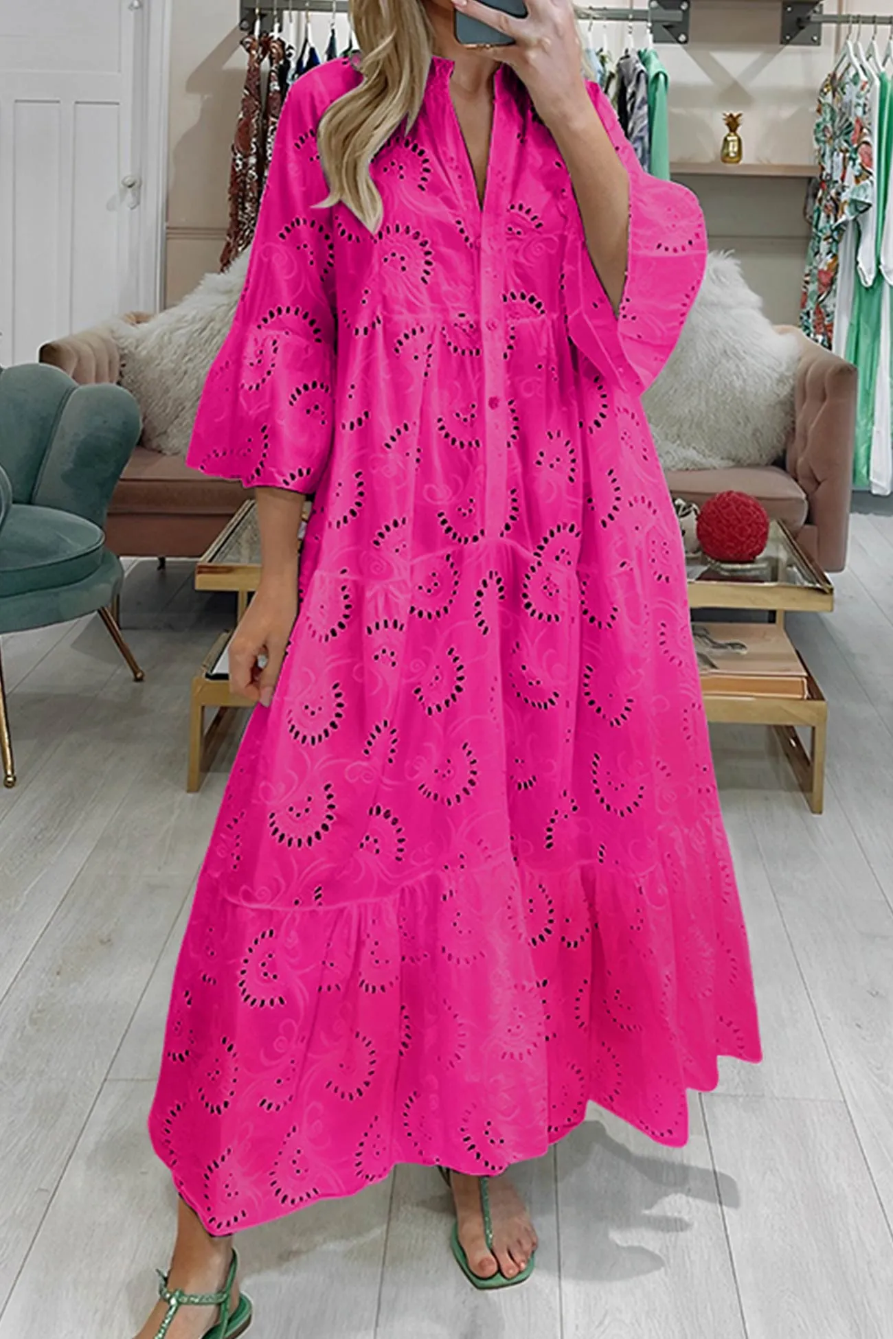 Noa™ - Cotton Dress with Embroidered Sleeves and V-Neckline