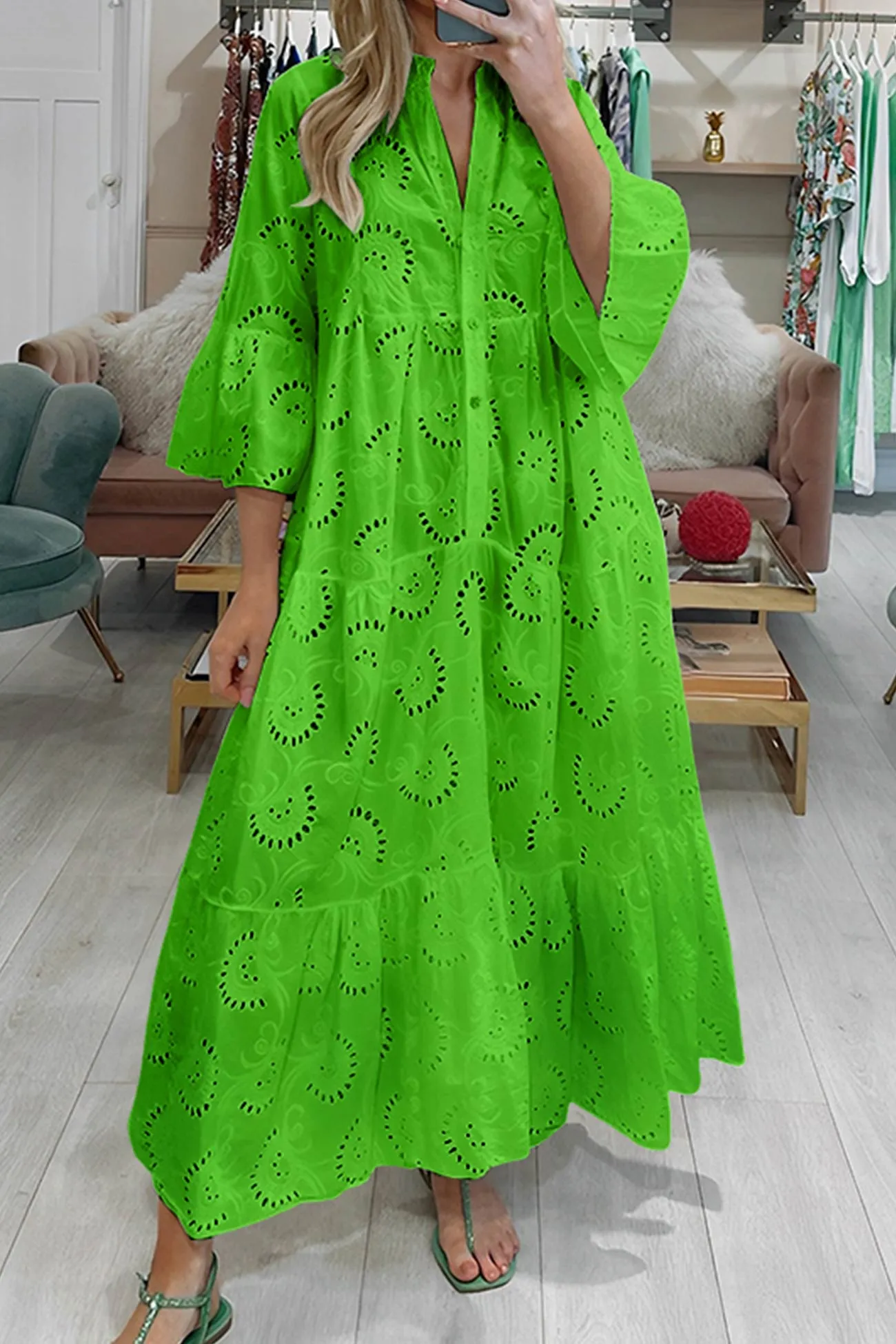 Noa™ - Cotton Dress with Embroidered Sleeves and V-Neckline